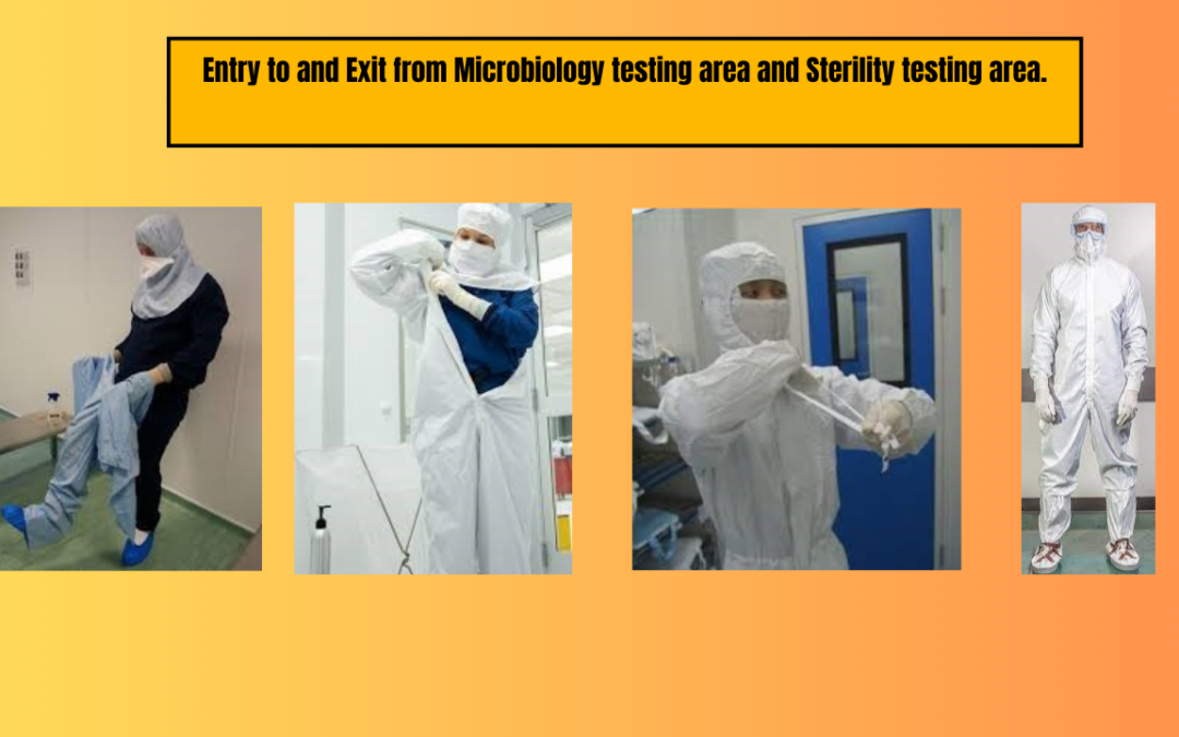 Entry to and Exit from Microbiology testing area and Sterility testing area.