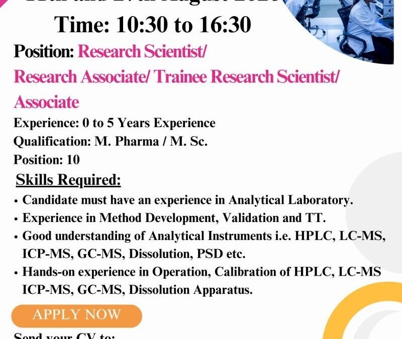 Walk-In Drive | Research Scientist & Research Associate – Analytical R&D | 0–5 Years